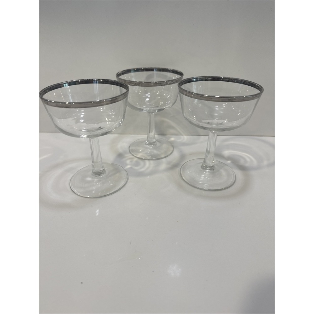 3 Vtg MCM Silver Rimmed Stemmed Champagne Coupe Cocktail Glasses France